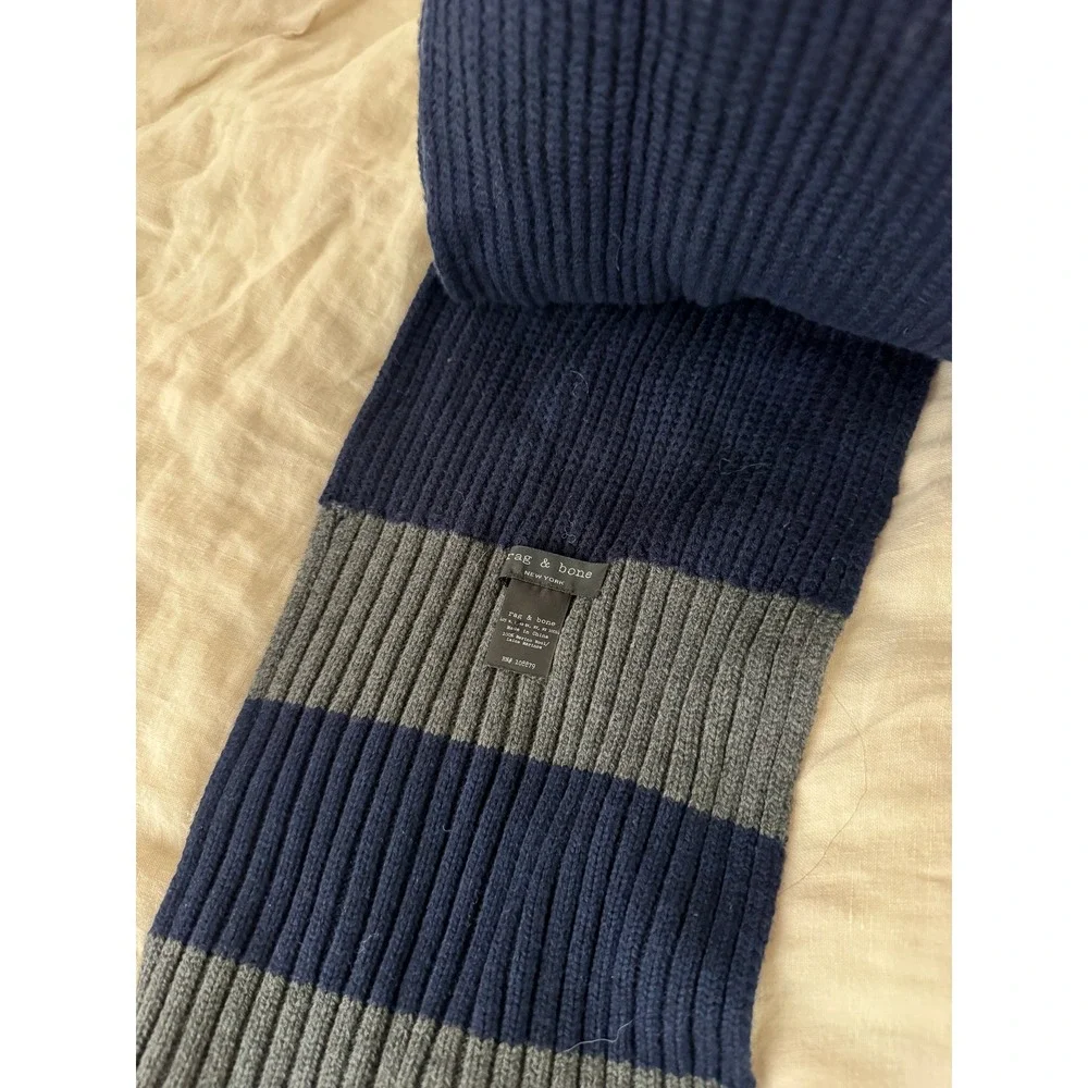 Rag & Bone Navy Blue Grey Striped 100% Merino Wool Ribbed Knit Scarf